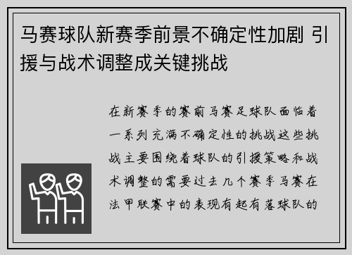 马赛球队新赛季前景不确定性加剧 引援与战术调整成关键挑战