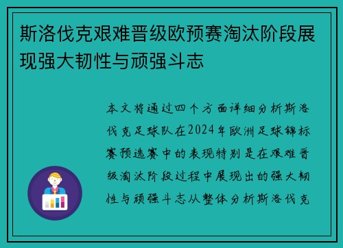斯洛伐克艰难晋级欧预赛淘汰阶段展现强大韧性与顽强斗志